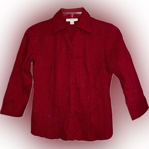 💥Red Metallic Women’s Blouse Dress Barn 3/4 Sleeves Collar Button Front Small